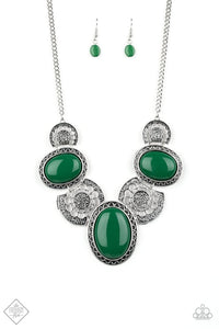 The Medallion-aire Green Beads - Silver Medallion Statement Necklace