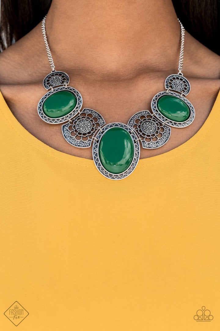 The Medallion-aire Green Beads - Silver Medallion Statement Necklace